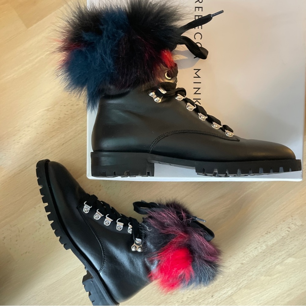 REBECCA MINKOFF “Jaylin” Multi Color Fox Fur-Trim Leather Combat Boots - Sz 7.5